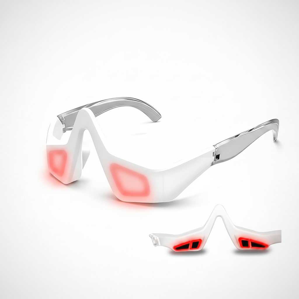Close-up of 3D red light EMS eye massager showing glowing red light panels