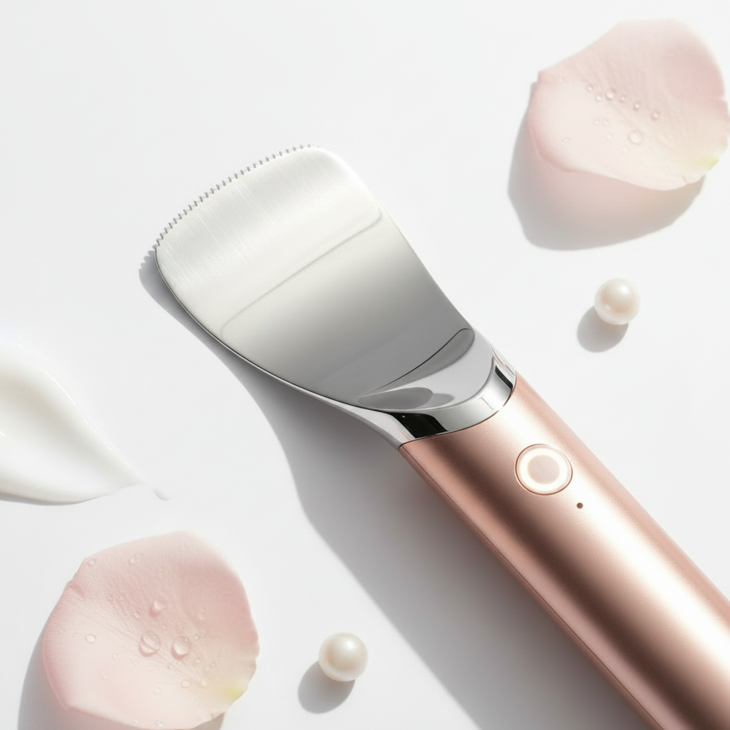 Close-up of ultrasonic skin scrubber spatula head catching warm light