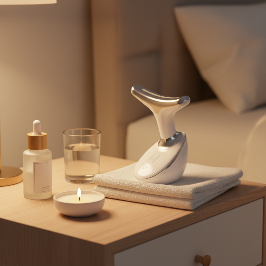 Face and neck lift beauty device on bedside table with candle