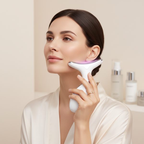 Woman using face and neck lift beauty device on jawline
