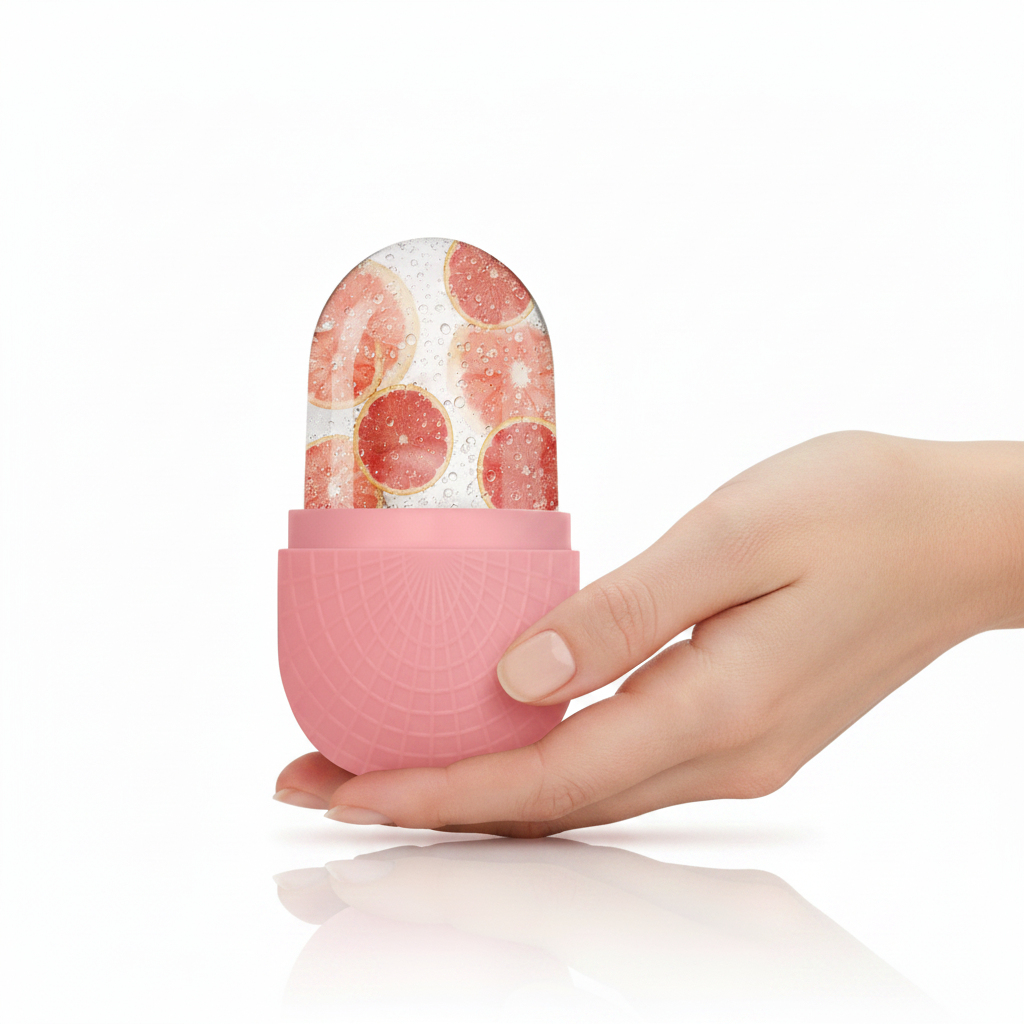 Close-up of pink silicone ice roller held in hands with condensation