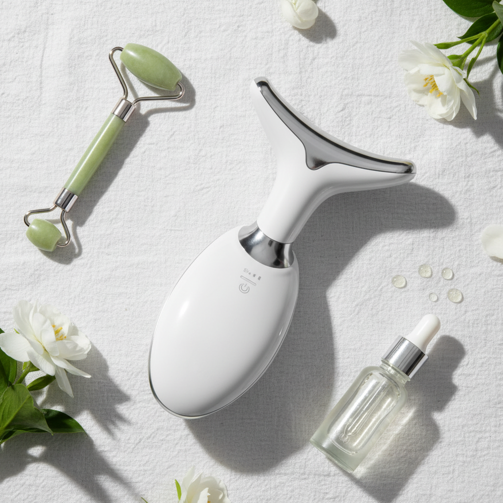 Flat lay of face and neck lift beauty device with flowers and serum