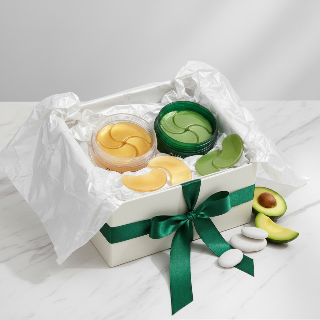 Gold and avocado eye patches in luxury gift box with ribbon