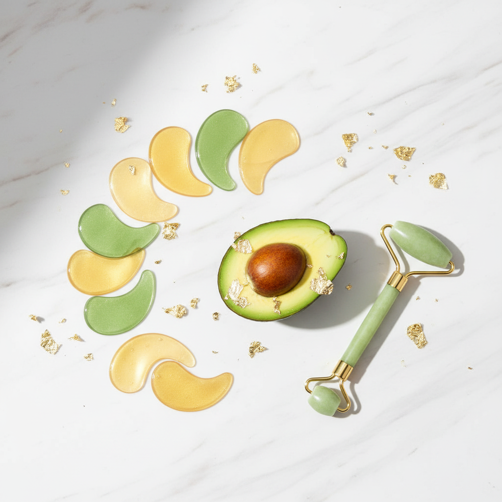 Flat lay of gold and avocado eye patches with avocado and jade roller on marble
