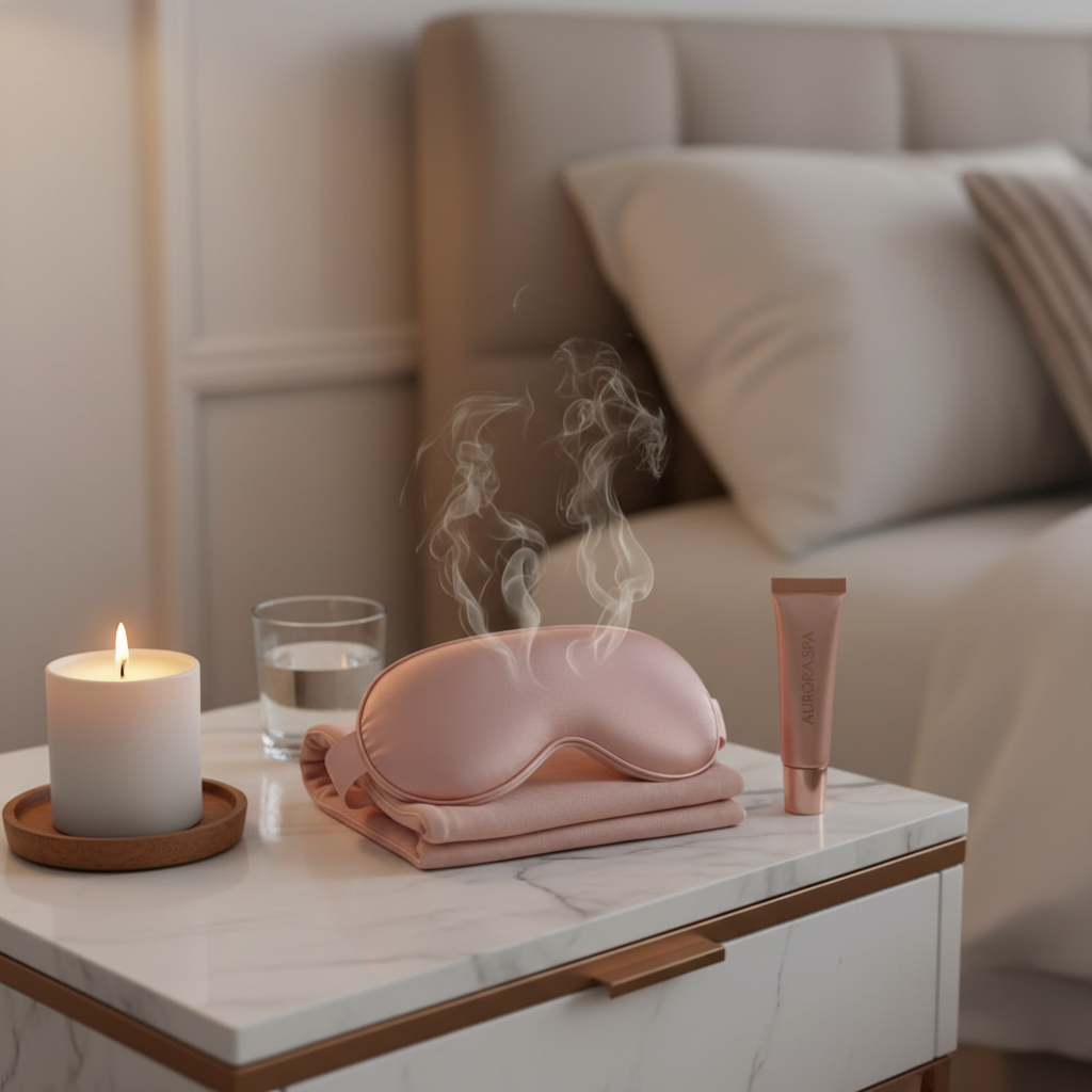 Heated Steam Eye Mask on bedside table with candle and skincare