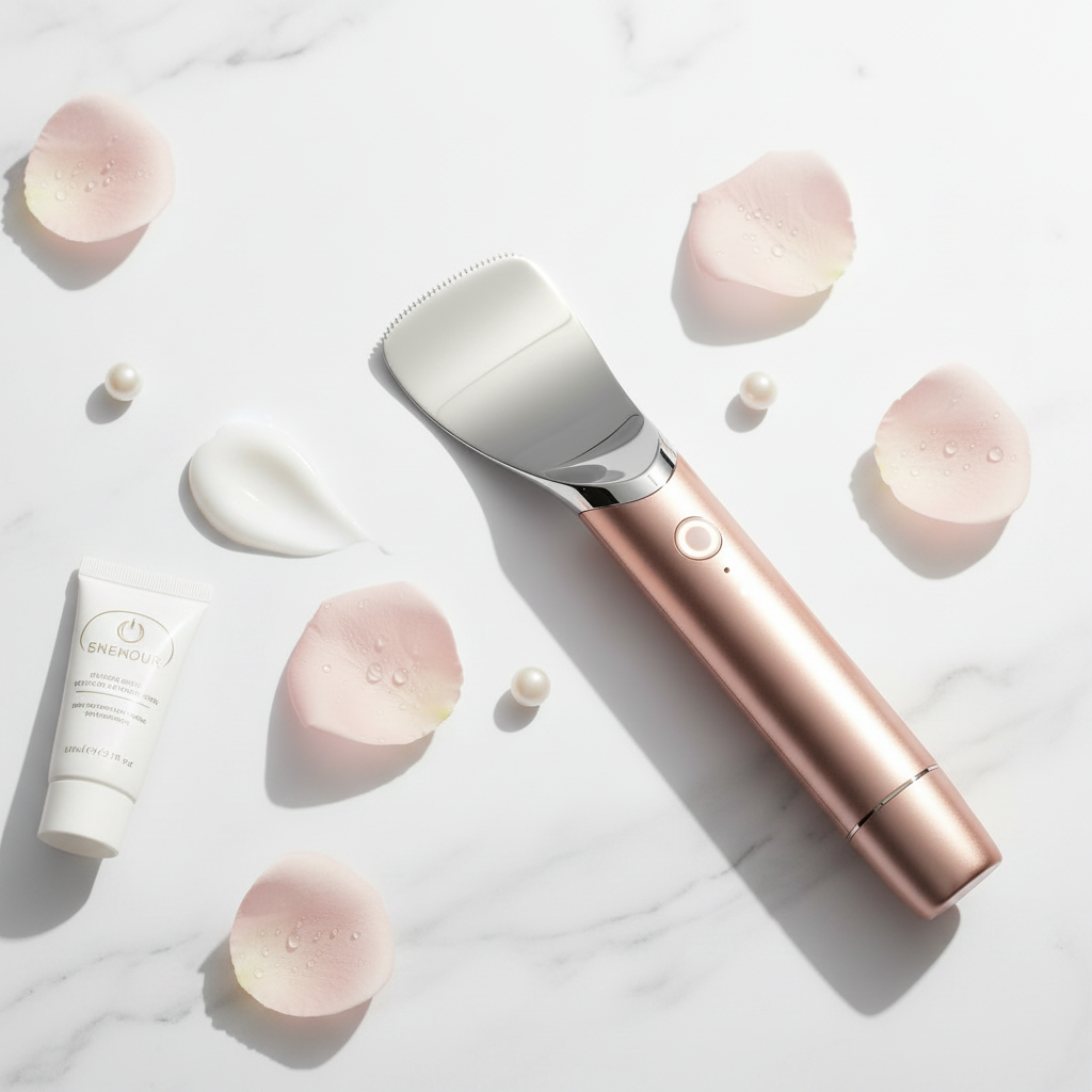 Flat lay of ultrasonic skin scrubber with rose petals and cleanser on marble