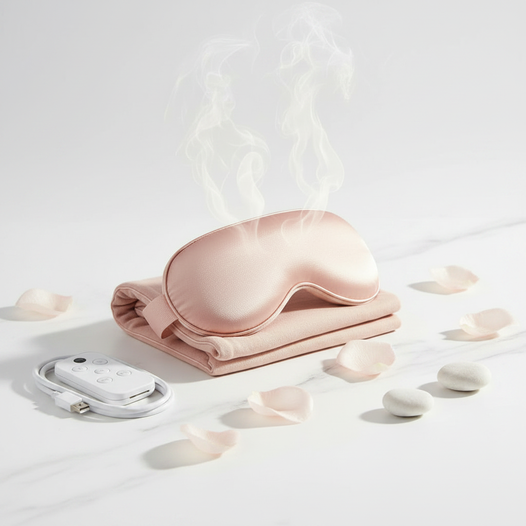 Flat lay of Heated Steam Eye Mask with USB cable, remote, and rose petals on marble