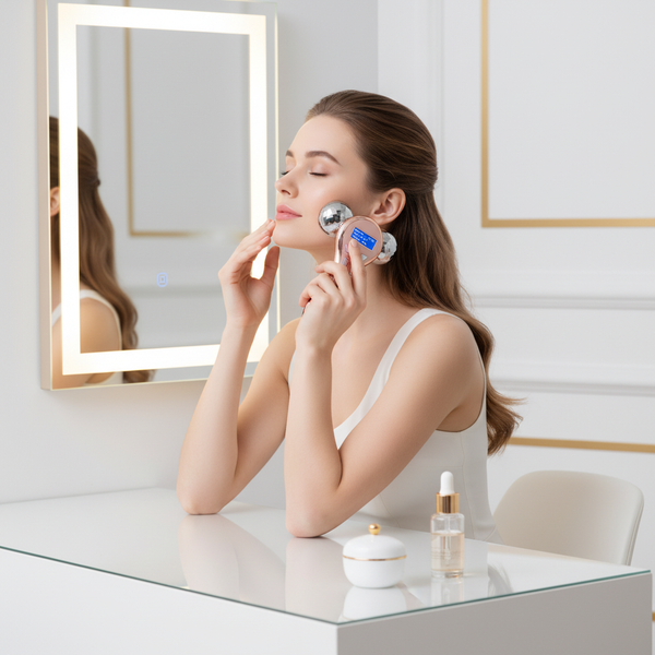 Woman using 4D EMS face massager roller at vanity mirror